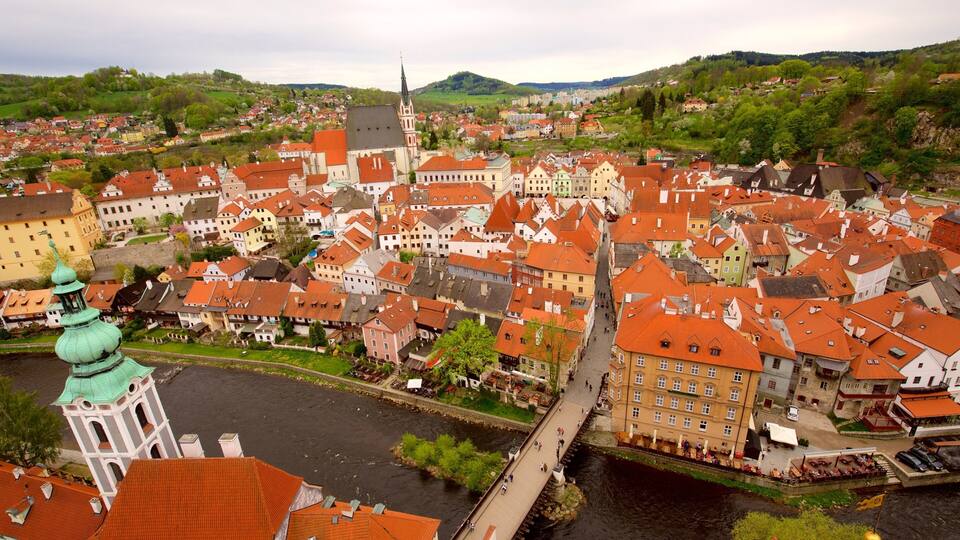 A town with red-roofed buildings, a river, and a bridge.