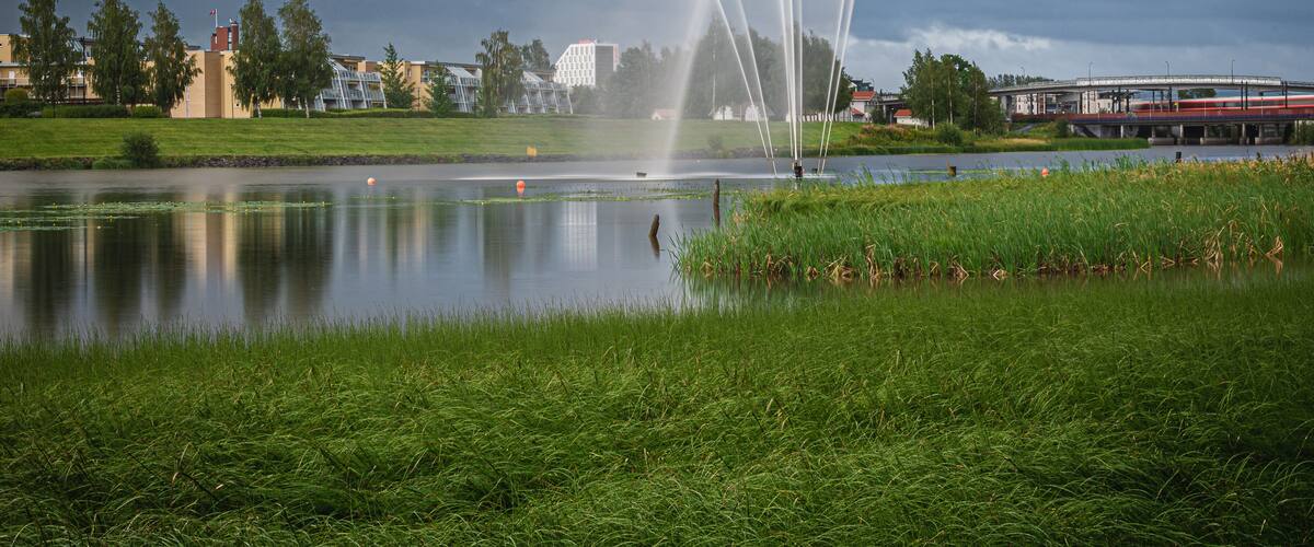 Fountain in the river of Nitelva in Lillestrom, Norway