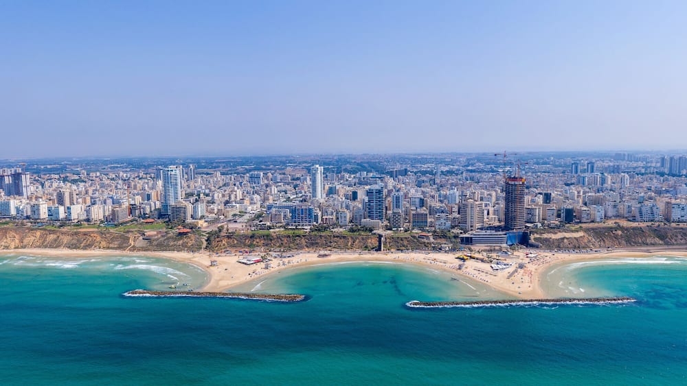 Aerial view of Netanya cliffside coastline, Israel.