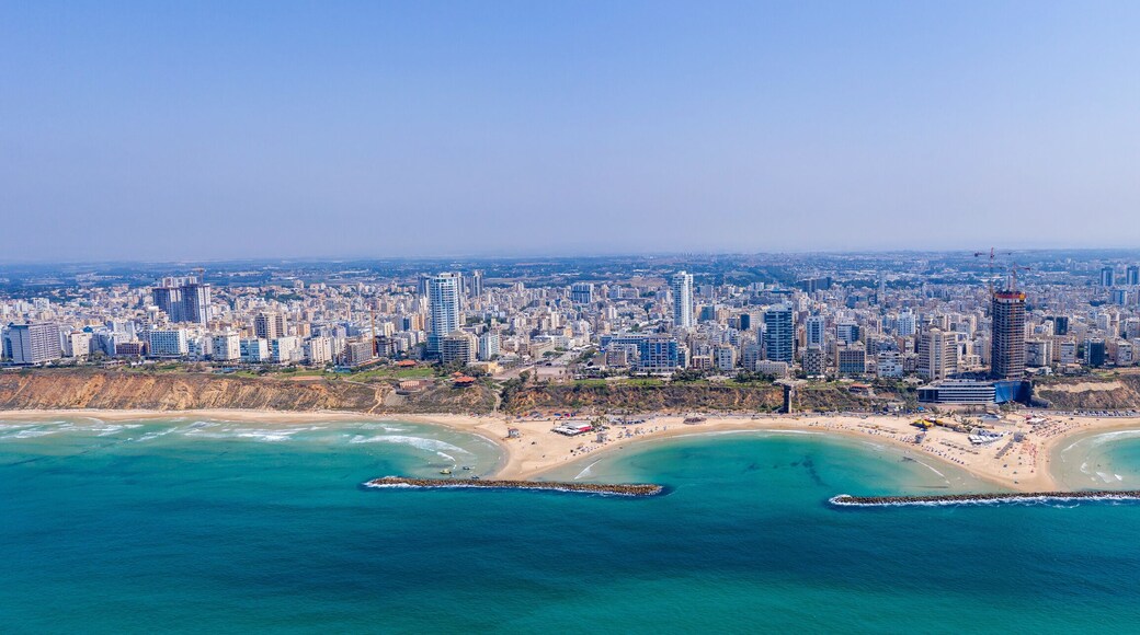 Aerial view of Netanya cliffside coastline, Israel.