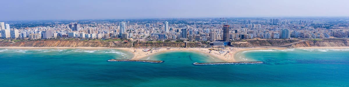 Aerial view of Netanya cliffside coastline, Israel.