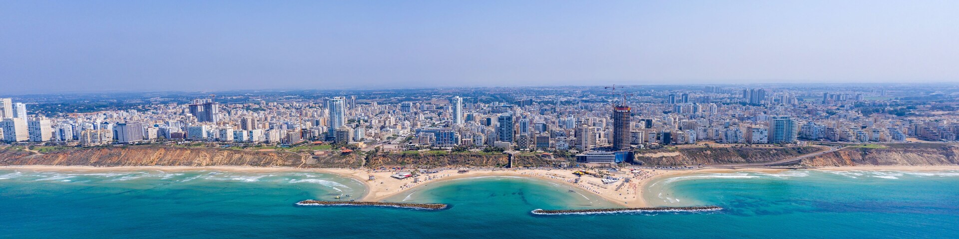 Aerial view of Netanya cliffside coastline, Israel.