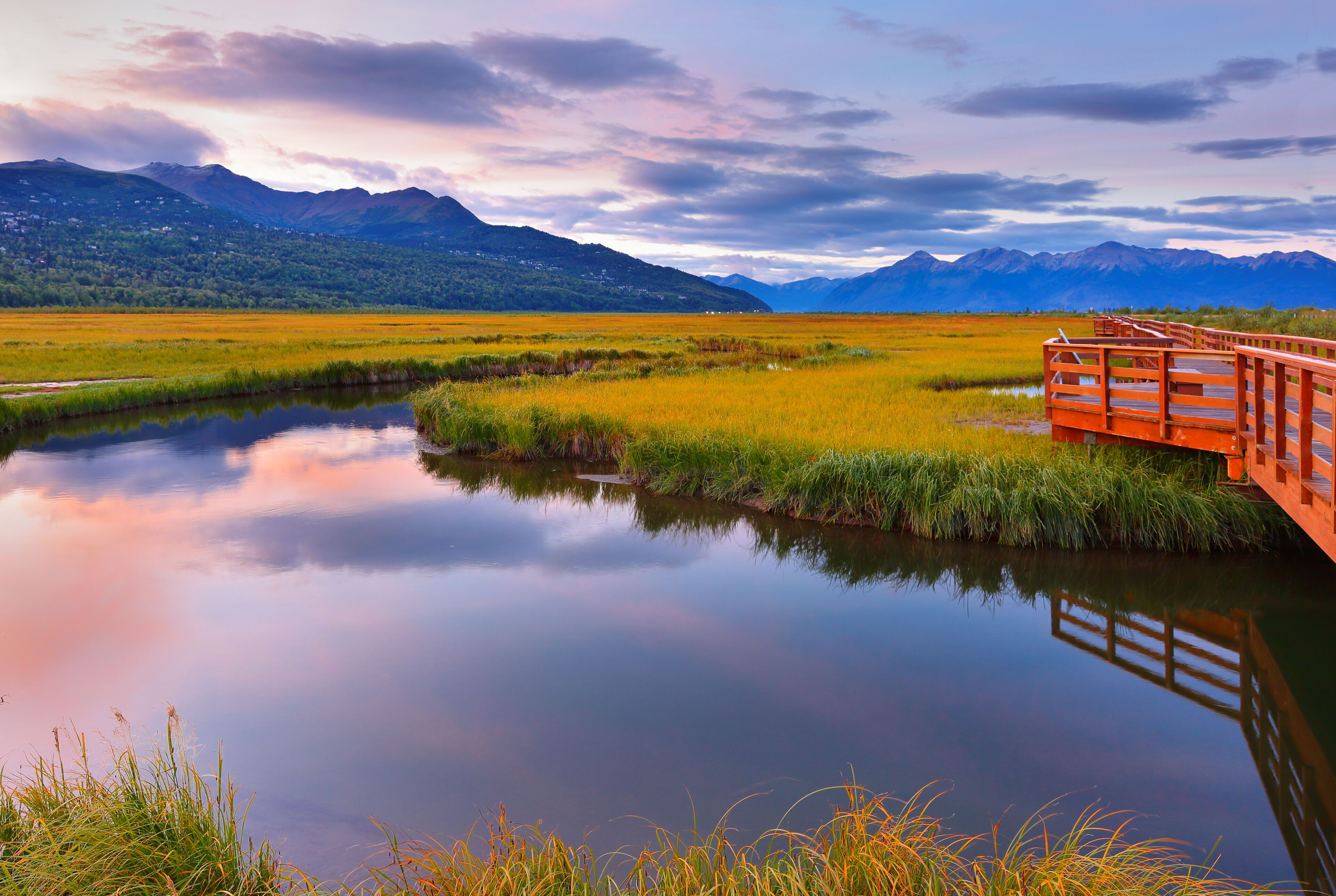 Beautiful sunrise at Potter Marsh Wildlife Viewing Boardwalk, Anchorage, Alaska.