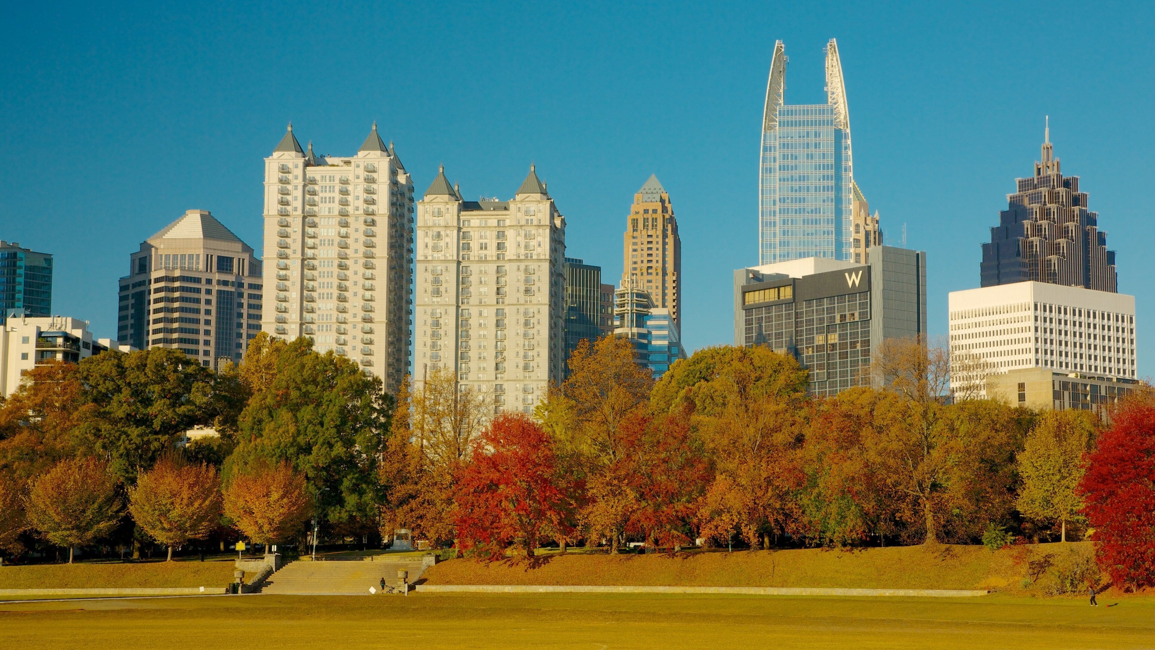 View of downtown Atlanta showcasing modern skyscrapers and autumn foliage in Georgia's vibrant city landscape