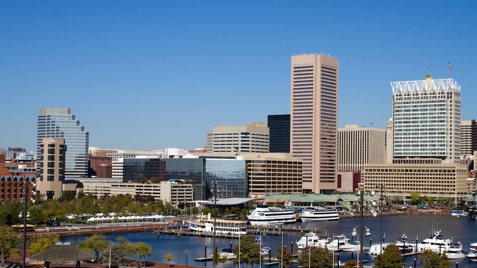 A city skyline with modern buildings, a marina with boats, and a clear blue sky.