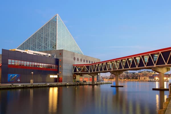 Un bâtiment moderne surmonté d’une pyramide de verre, un pont rouge et une rivière paisible qui reflète les lumières de la ville.