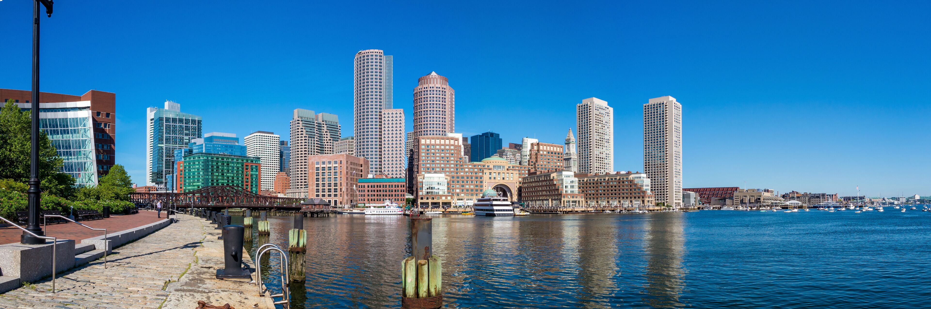 Panorama of Boston Harbor and Financial District in Boston, Massachusetts.
