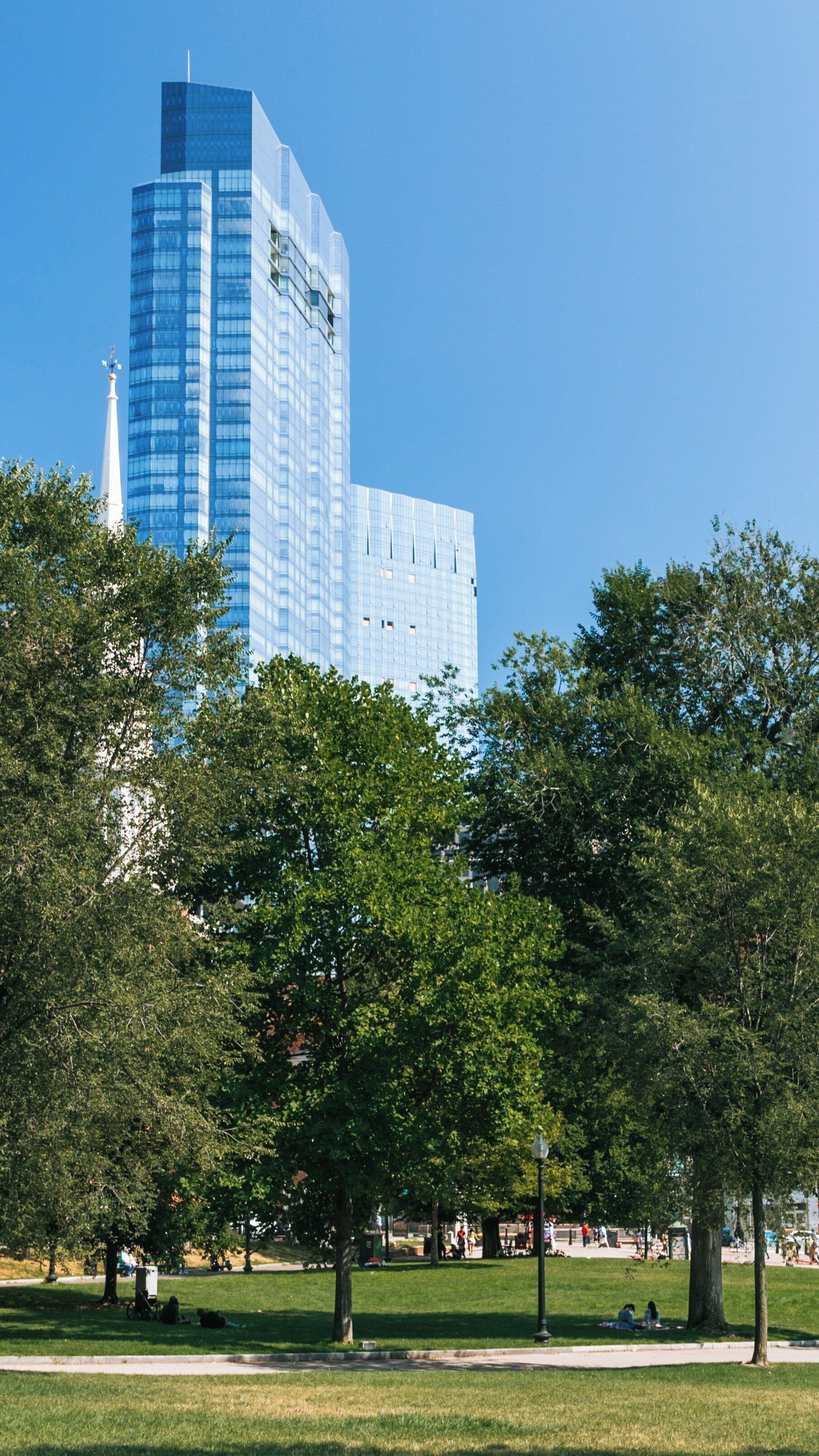 Boston Common showcases urban greenery alongside modern architecture in Beacon Hill on a sunny day in Massachusetts