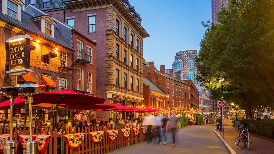 A street lined with historic buildings, including the Union Oyster House and Yankee Publishing Building.