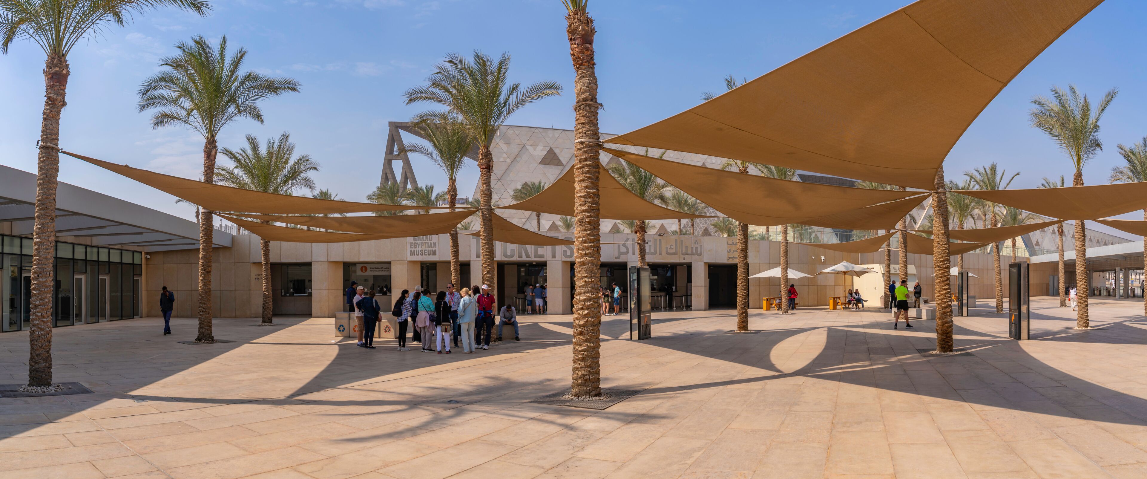 Una plaza con palmeras, un museo y gente caminando.
