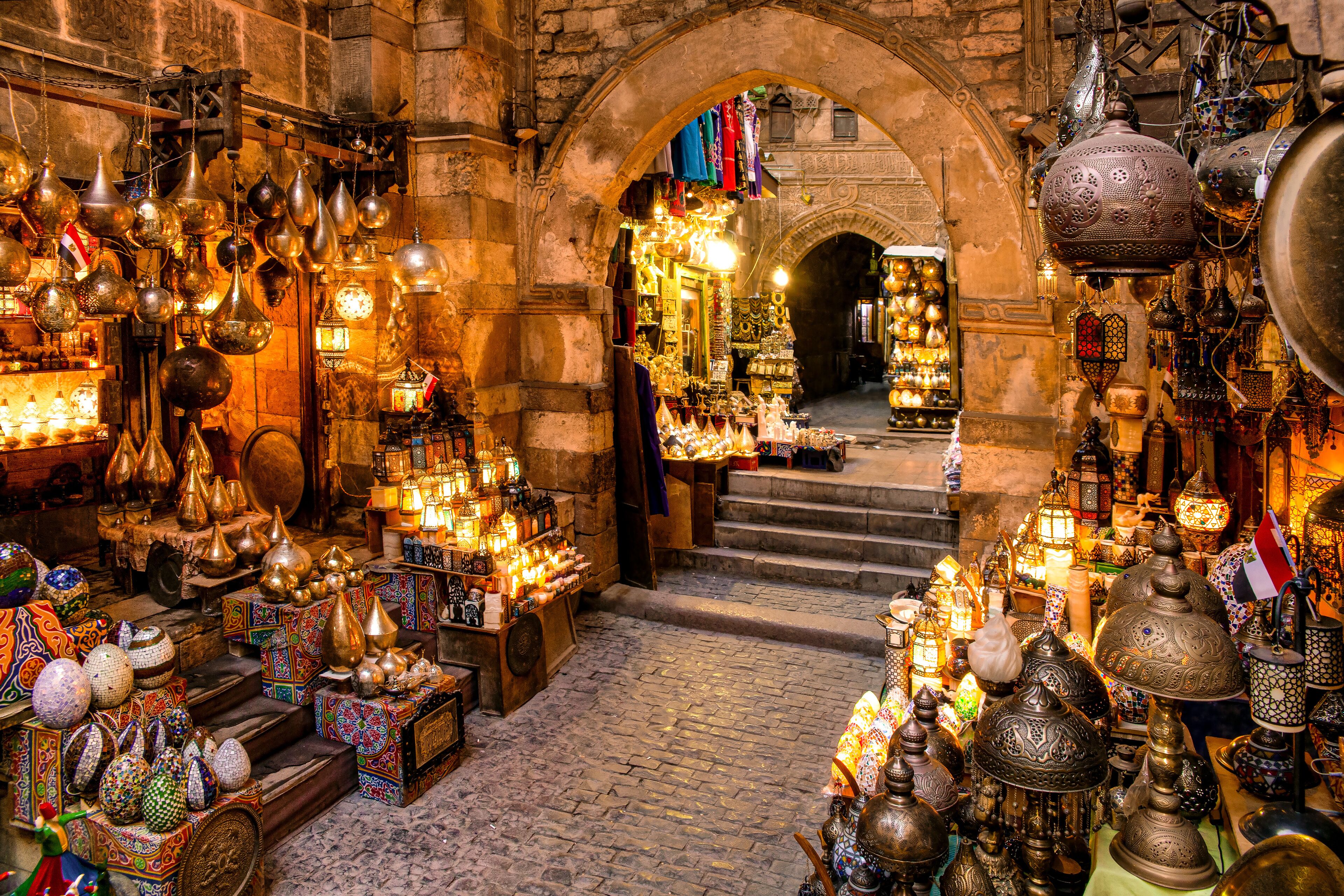 Inside Passageways and Lamp Stalls of Khan El-Khalili in Cairo, Egypt