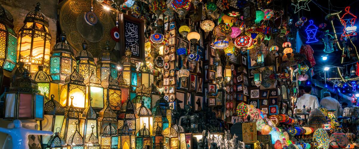 A densely packed market with various colorful lanterns and intricate designs.