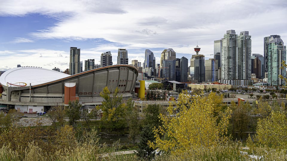 A city skyline with modern skyscrapers, a large stadium, and autumn foliage.