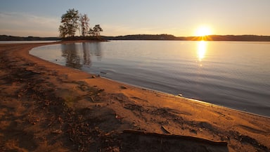 Um lago tranquilo ao pôr do sol, com uma praia de areia e uma pequena ilha com árvores.