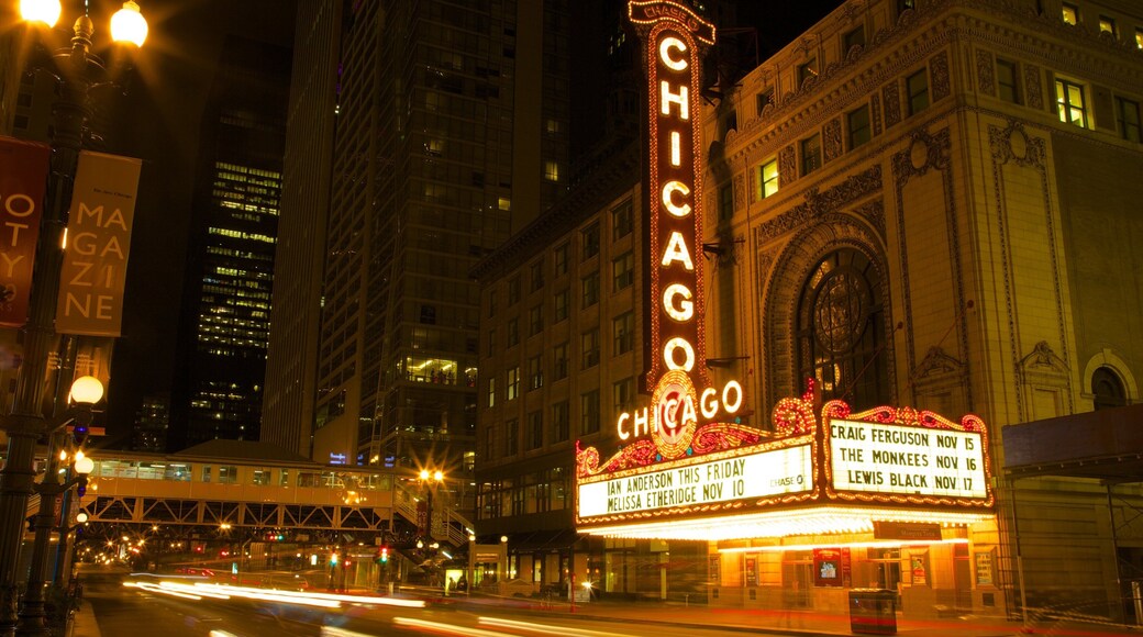 Chicago showing theatre scenes, a city and night scenes