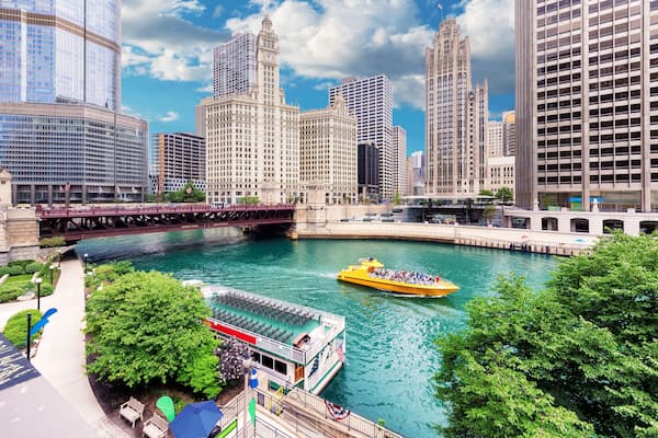 City of Chicago. Image of Chicago downtown and Chicago River with bridges at sunny summer day