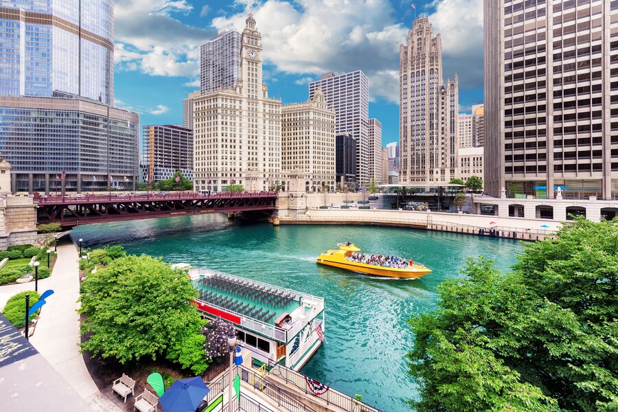 City of Chicago. Image of Chicago downtown and Chicago River with bridges at sunny summer day