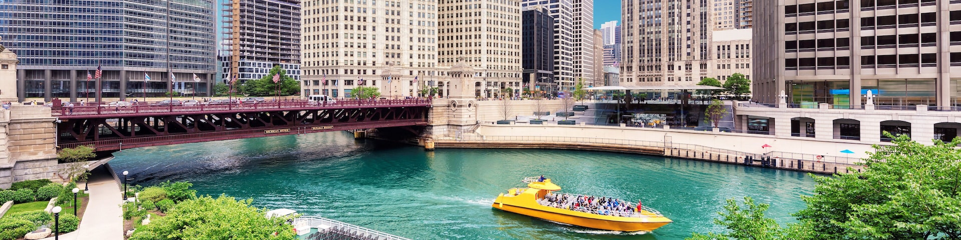 City of Chicago. Image of Chicago downtown and Chicago River with bridges at sunny summer day