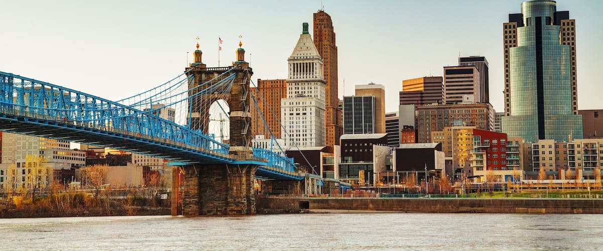 A city skyline with a prominent bridge and various buildings.