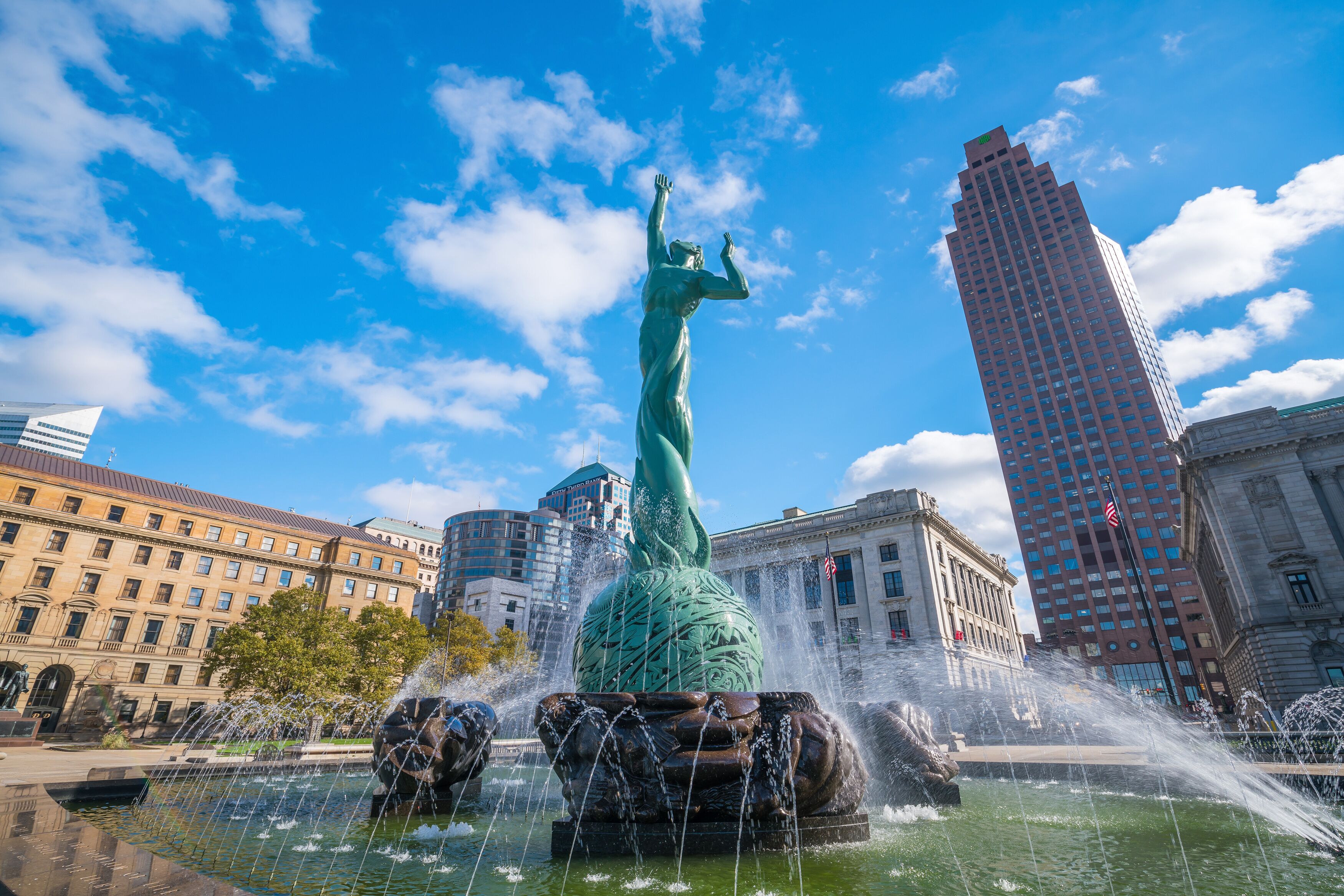 CLEVELAND, OH - NOVEMBER 4: Downtown Cleveland skyline and Fountain of Eternal Life Statue in Ohio USA on November 4, 2016