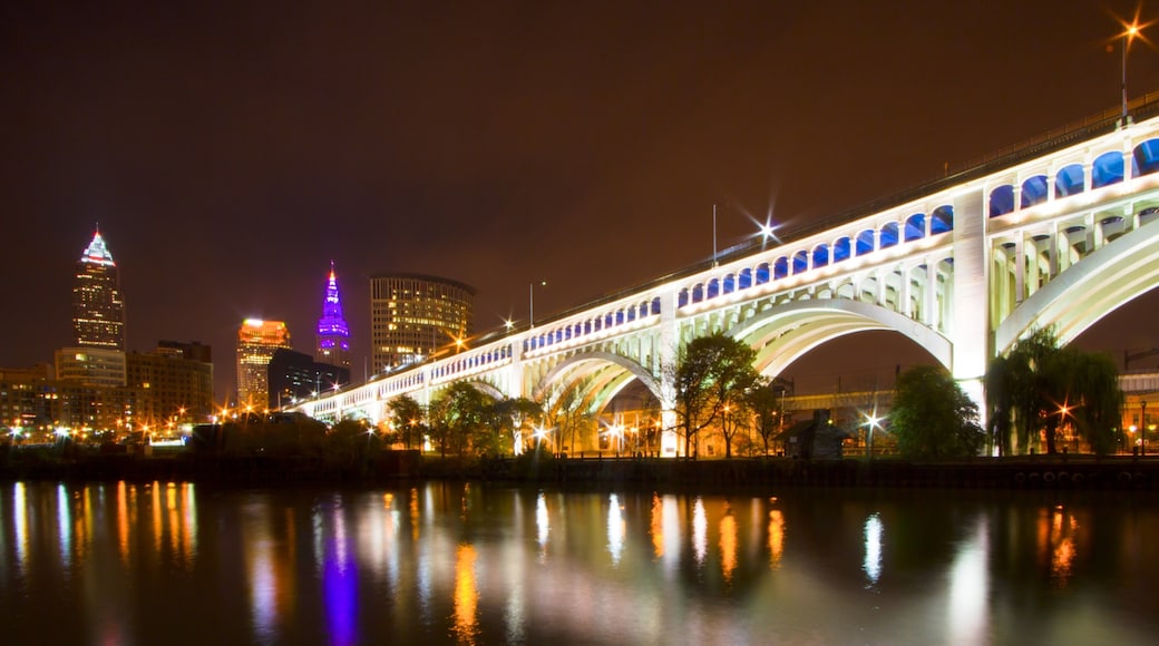 Cleveland showing a city, a bridge and night scenes