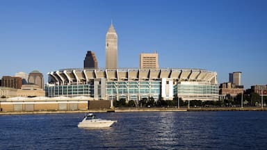 A waterfront cityscape with a prominent stadium and various modern buildings.