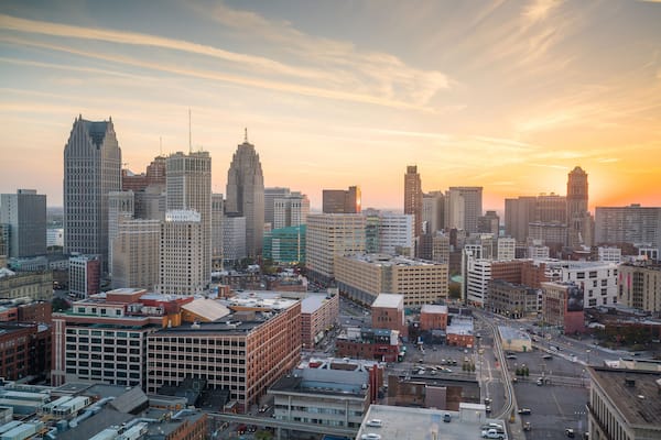 Aerial view of downtown Detroit at twilight in Michigan USA