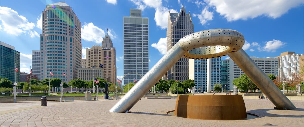 Detroit showing a city, a square or plaza and outdoor art