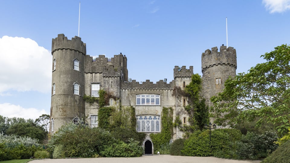 A castle with two towers, a large arched entrance, and a flagpole.