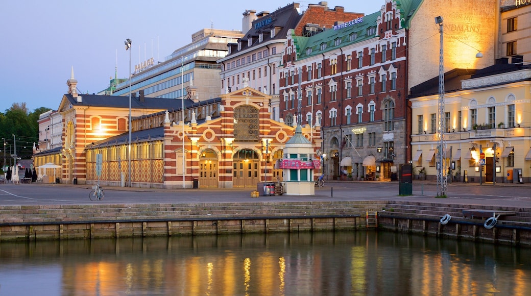 Helsinki which includes night scenes and heritage architecture
