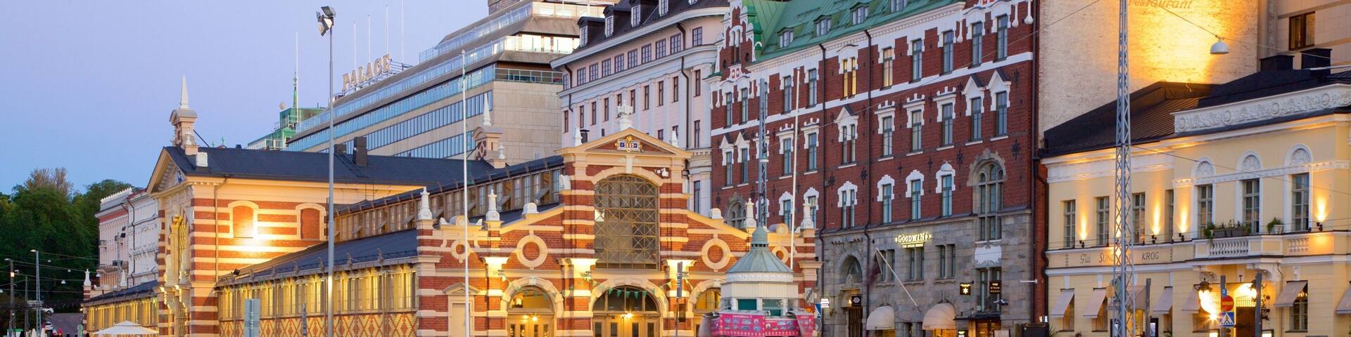 Helsinki which includes night scenes and heritage architecture