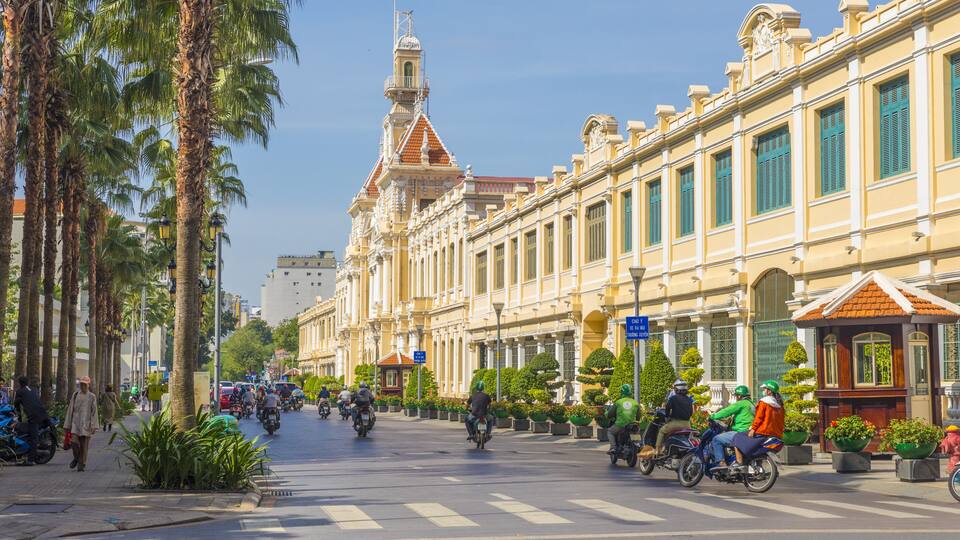 A street lined with palm trees and historic buildings with European architectural style.