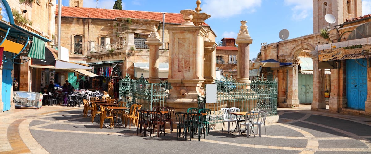 Christian Quarter of the Old City of Jerusalem - Muristan fountain at center of market area of the Muristan. Jerusalem,; Shutterstock ID 100834498