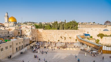 The Dome of the Rock, the Western Wall, and the Temple Mount in Jerusalem.