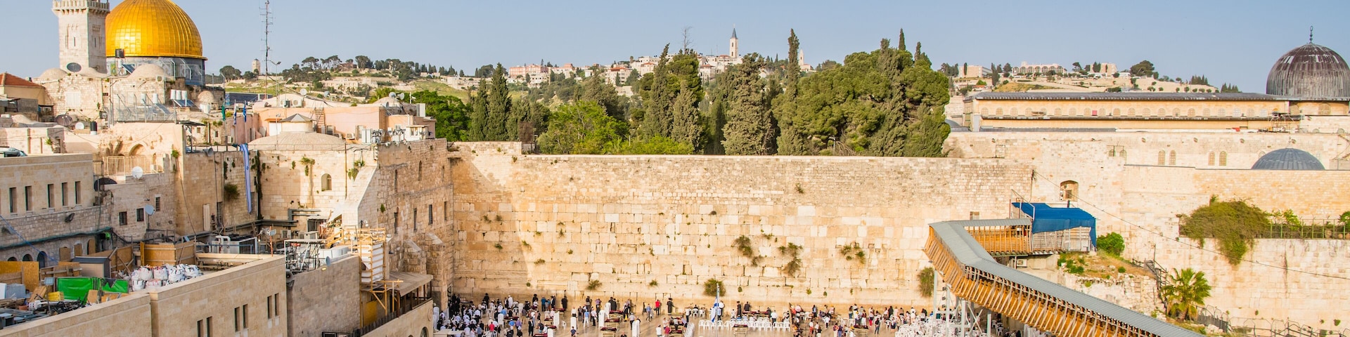 The Dome of the Rock, the Western Wall, and the Temple Mount in Jerusalem.