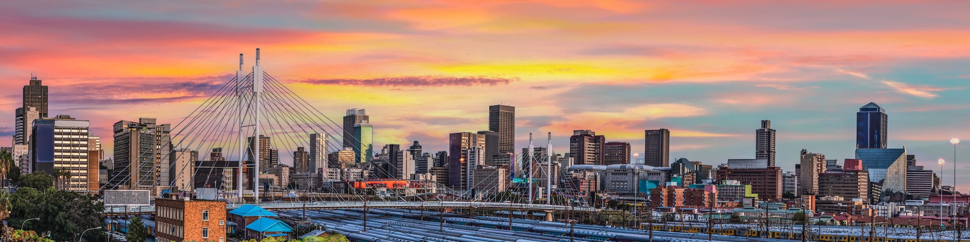 A cityscape with a prominent cable-stayed bridge, dense urban buildings, and a train yard.