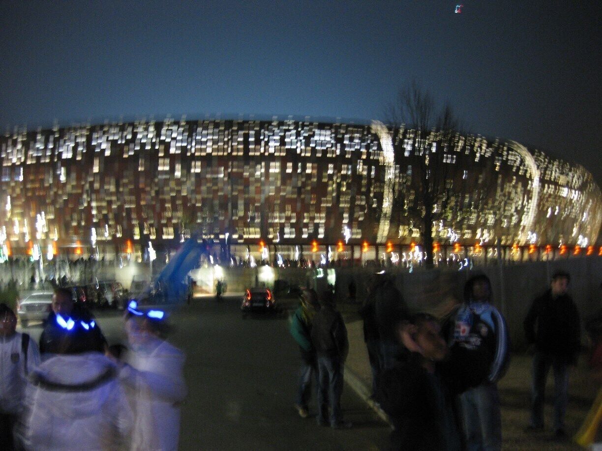 World Cup stadium, Soccer City, A little blurry but an awesome sports venue and amazingly artful structure from the outside.