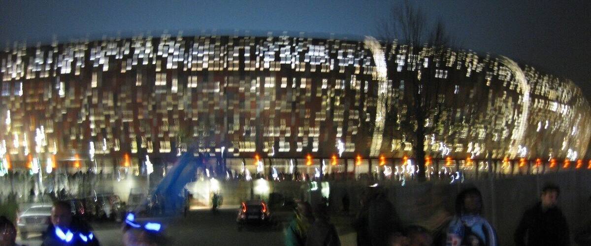 World Cup stadium, Soccer City, A little blurry but an awesome sports venue and amazingly artful structure from the outside.