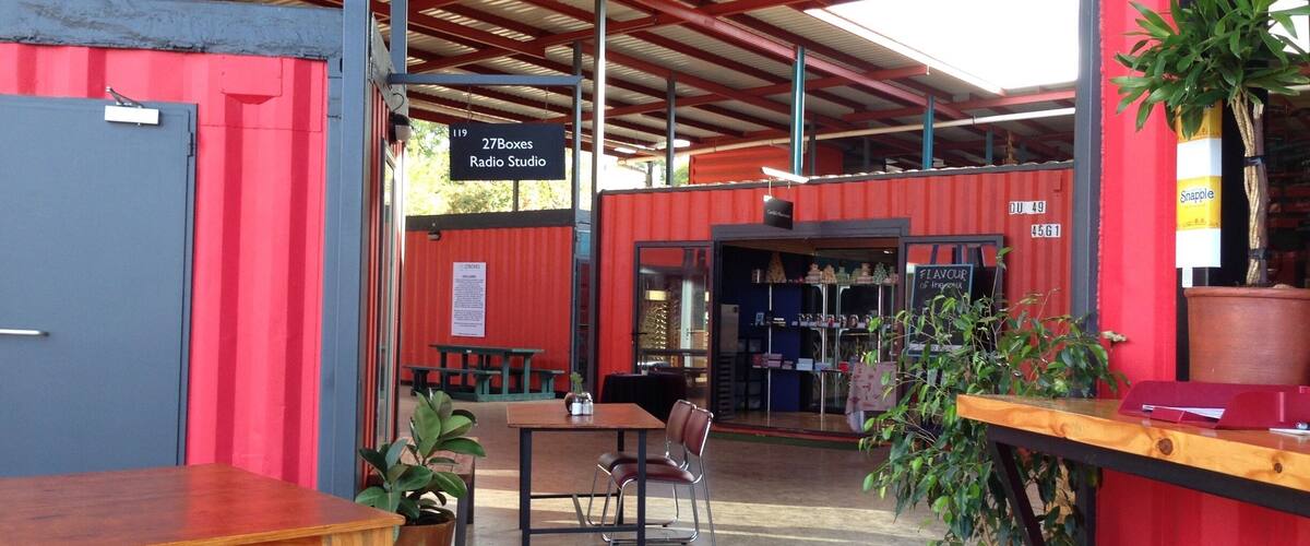Pop up stalls made from crates. Box Park in Shoreditch is the London equivalent