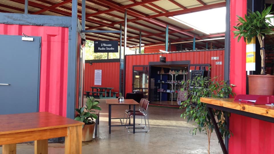 Pop up stalls made from crates. Box Park in Shoreditch is the London equivalent