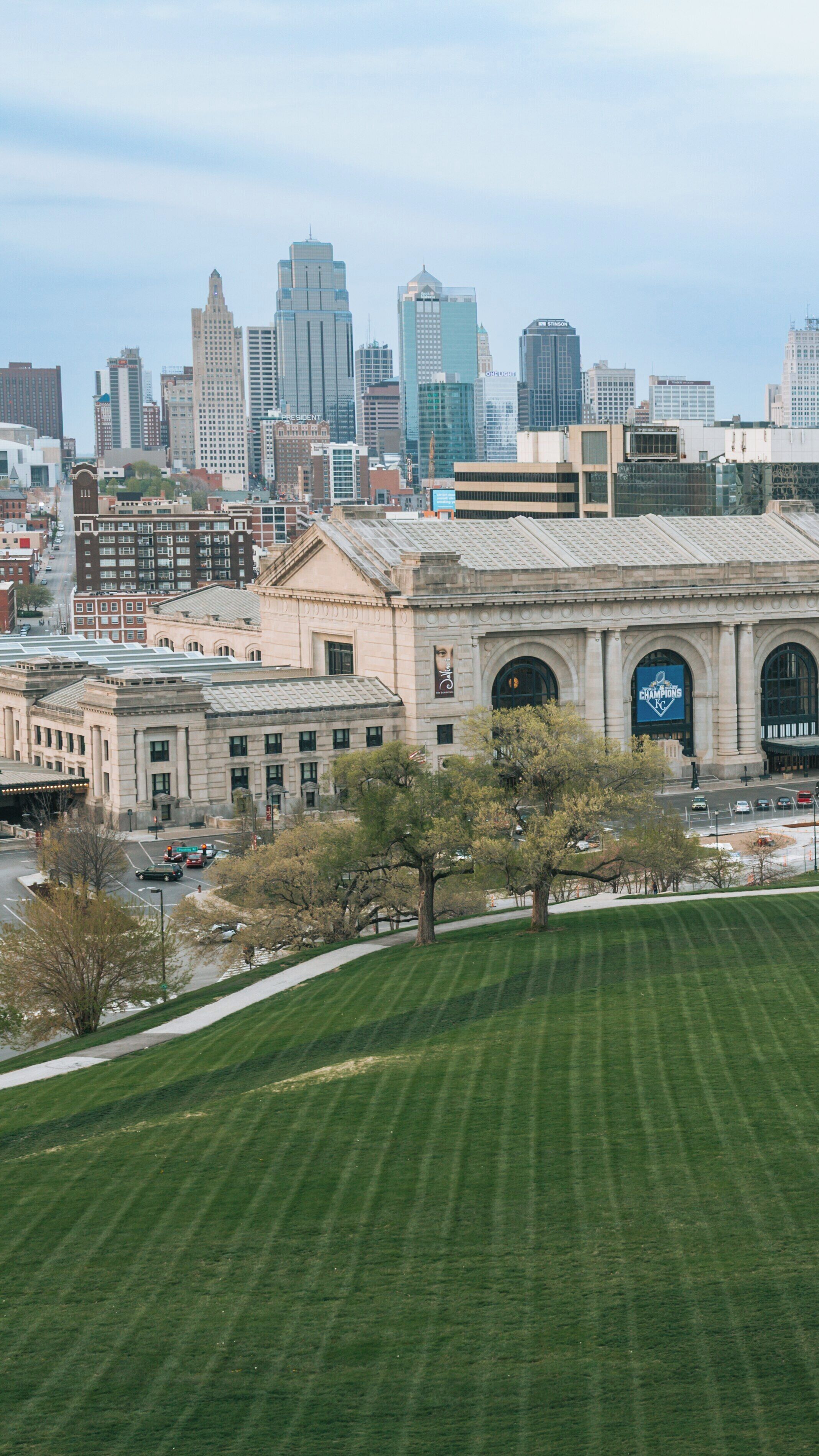 View of Liberty Memorial and Kansas City skyline, showcasing historical architecture and urban landscape in Missouri