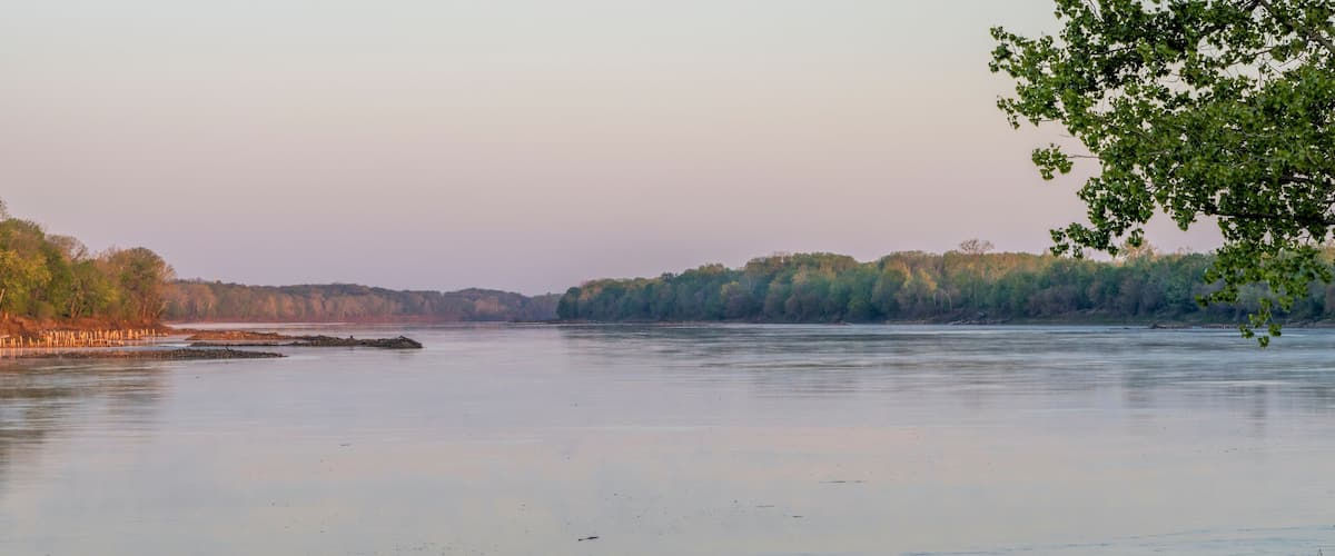Un río tranquilo con árboles a ambos lados, cielo despejado y una costa lejana.