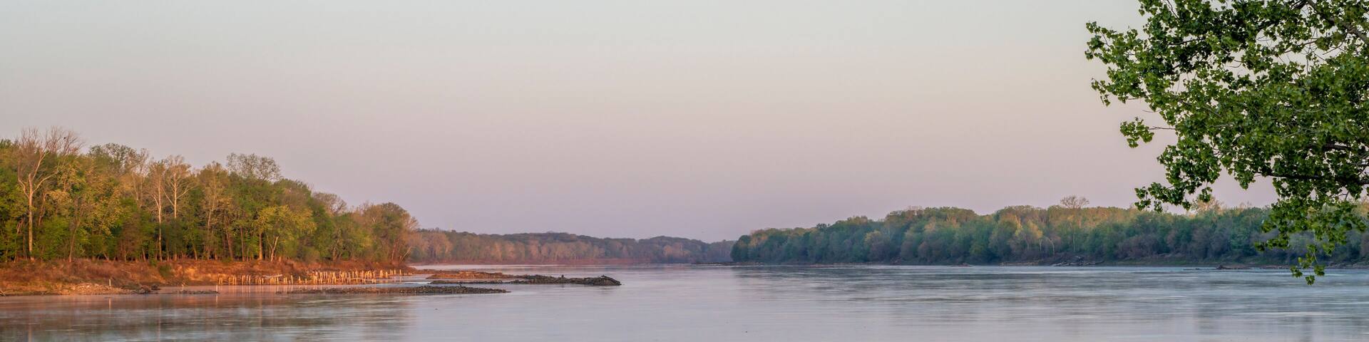 A calm river with trees on both sides, a clear sky, and a distant shoreline.