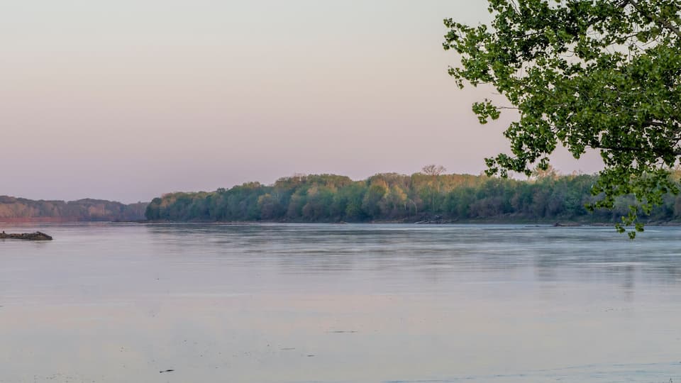 Un río tranquilo con árboles a ambos lados, cielo despejado y una costa lejana.