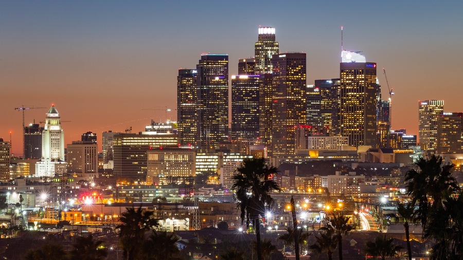 Los Angeles which includes night scenes, a city and landscape views