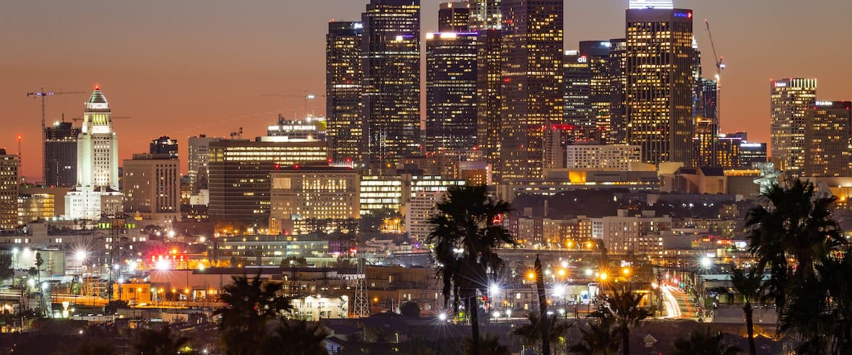Los Angeles which includes night scenes, a city and landscape views