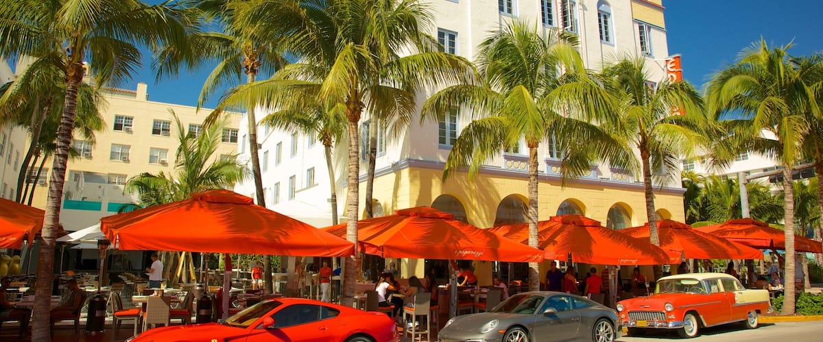 Vibrant Miami street life with palm trees and classic cars in a sunny bright setting