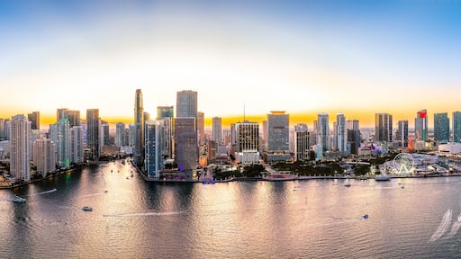 Aerial panorama of Miami, Florida at dusk. Miami is a majority-minority city and a major center and leader in finance, commerce, culture, arts, and international trade.
