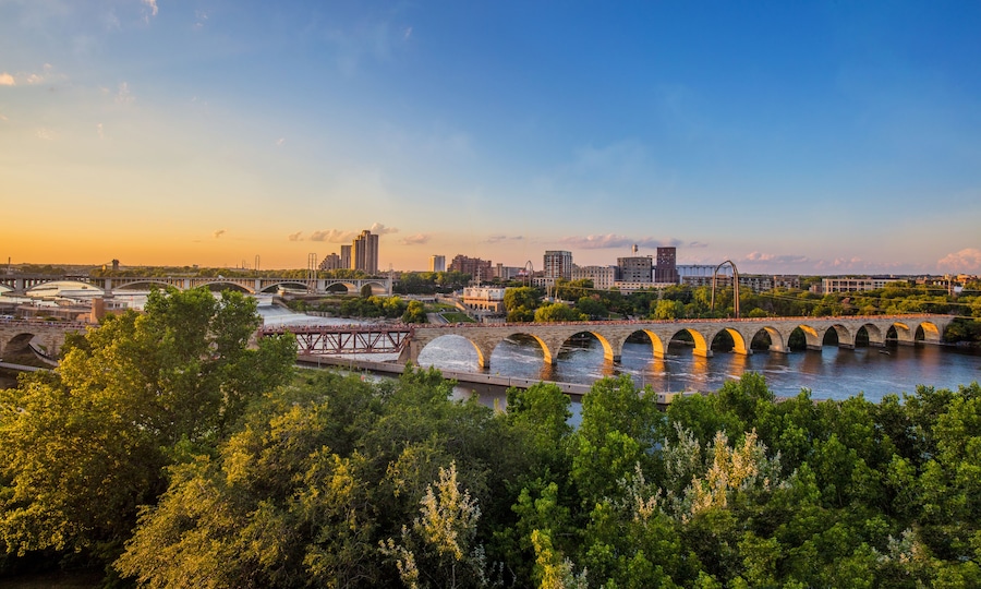 Minneapolis Minnesota at Sunset on the Mississippi River,