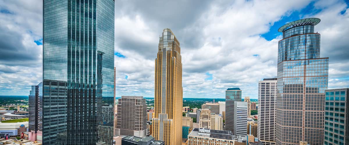 Cityscape of downtown Minneapolis Minnesota and surrounding urban during a sunny day